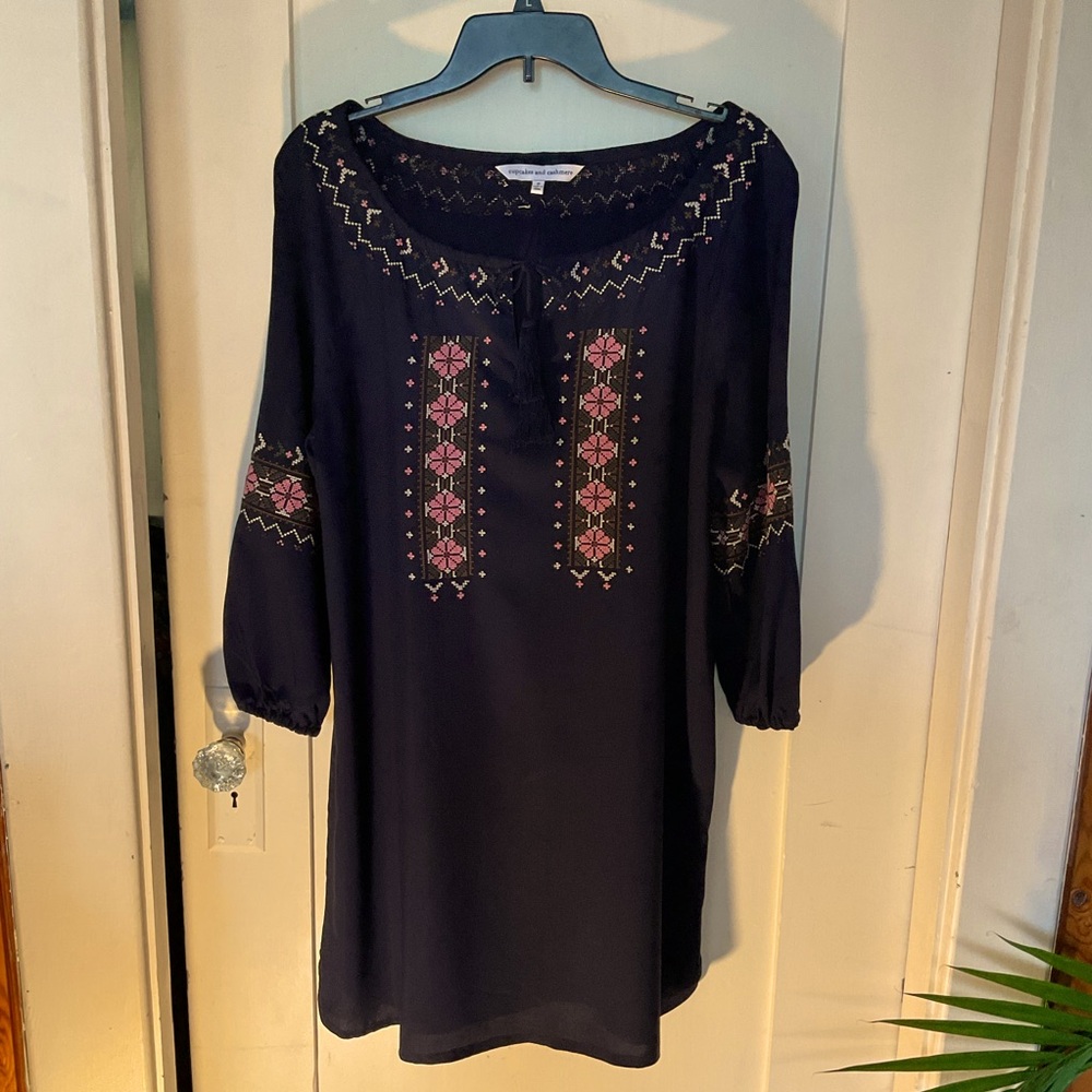Cupcakes & Cashmere Navy dress with Pink and Green Embroidery